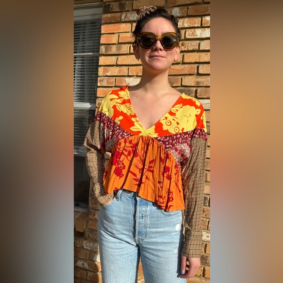 NWOT Free People Patchwork Long Sleeve Peasant Blouse Sz.S - Picture 2 of 7